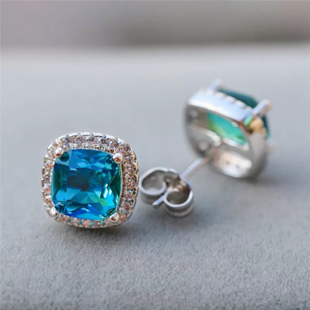 Gold Plated Green Blue CZ Stud Earrings - Picture 2 of 3